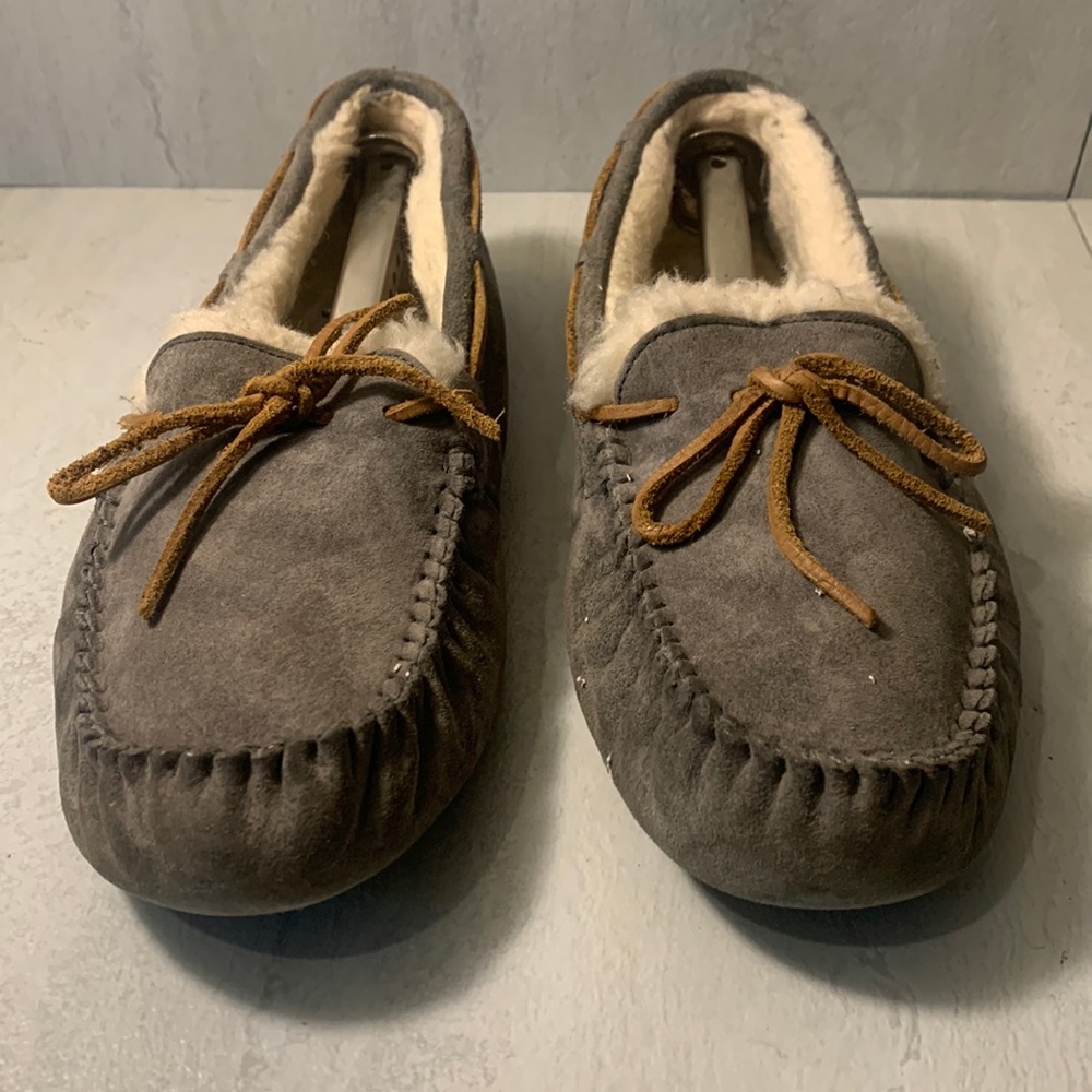 UGG Dakota Women's Gray Suede Leather Slippers Soft Warm Fur Lining Flat Loafers